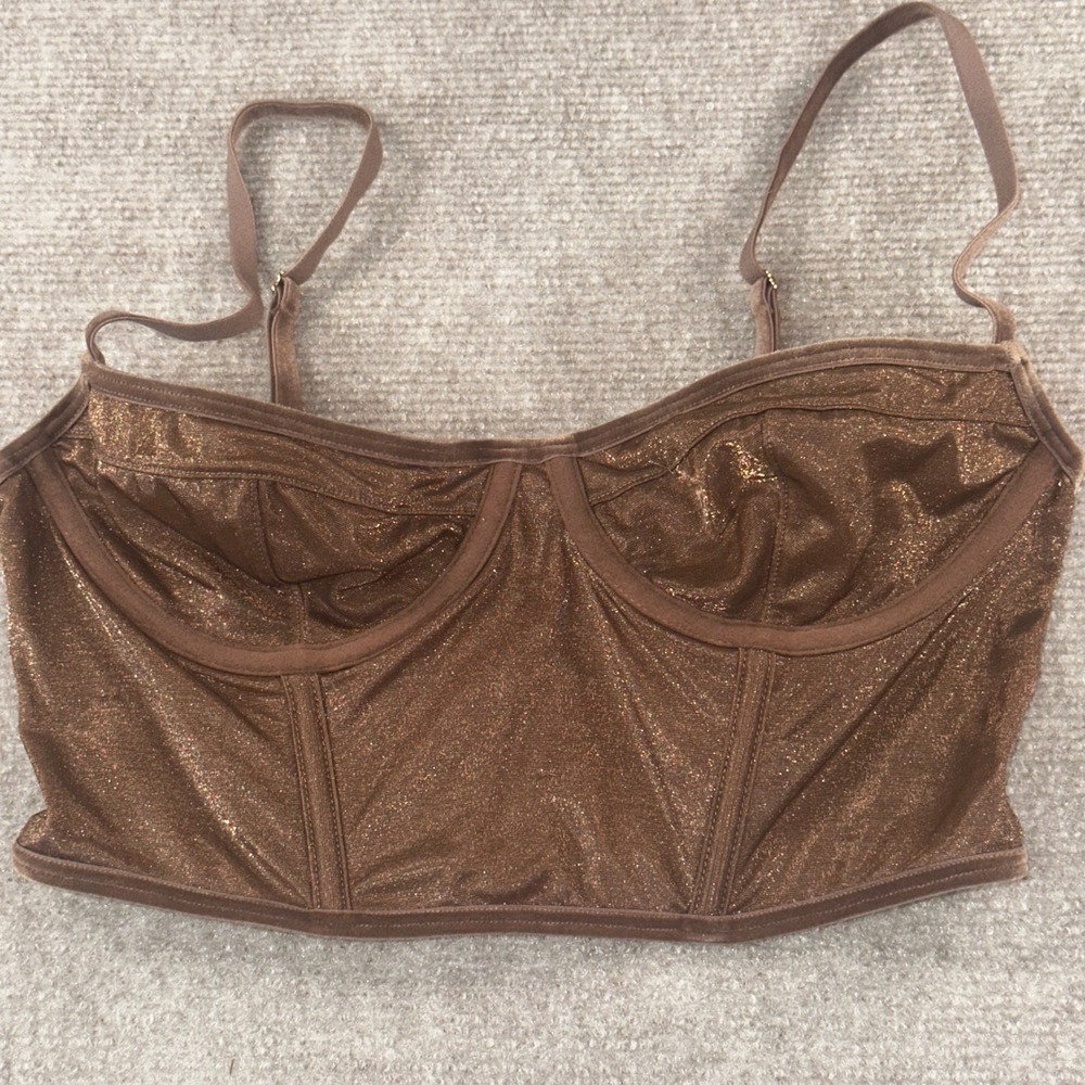 Oh Polly Bronze Metallic Glitter Underwire Corset Crop Top Brown Small